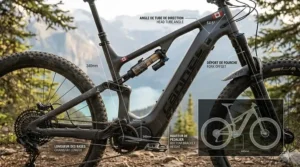 Technical drawing showing the slack head angle and geometry of a modern Canadian e-mountain bike.