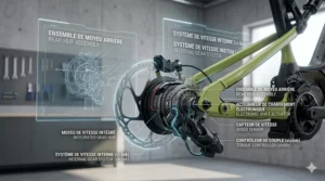 Technical view of a rear hub assembly and internal gear system with bilingual labels for electronic shift actuators in the Canadian market.