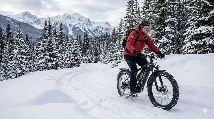 A cyclist riding a fat-tire electric bike through deep snow on a trail in Banff, Alberta, wearing high-visibility winter gear.