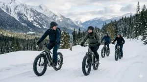 Technical view of a rust-resistant, stable frame design optimized for a fat tire e-bike for winter slush and salt.