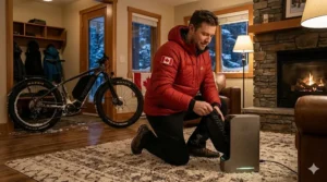 Illustration of a rider bringing their e-bike battery inside a cozy Canadian home to charge at room temperature.