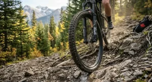 Mountain biker practicing sustainable trail riding on a hardtail ebike at a Canadian park with bilingual signage.