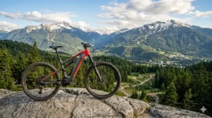 Detailed view of the rear suspension on a trail ebike designed to handle Whistler's rugged mountain descents. / Vue détaillée de la suspension d'un vélo électrique de sentier pour les descentes de Whistler.