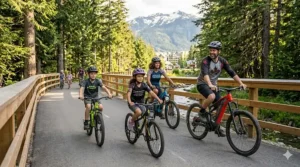 A trail ebike leaned against a trailhead sign in Whistler featuring English and French safety warnings. / Un vélo électrique devant un panneau de signalisation bilingue à Whistler.