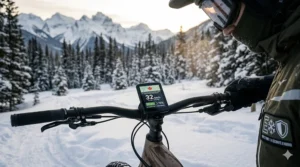 A stylized view of a full suspension ebike commuting through a snowy Canadian city like Montreal or Toronto.