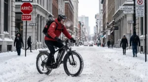 An electric bike commuter navigating a snowy street in Montreal with bilingual "Arret/Stop" signs in the background.