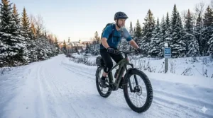A multi-generational Canadian family (vélos électriques de montagne) with five different hardtail eMTBs under $2500 pausing for a picnic in a rugged Canadian provincial park at a bilingual (English and French) trail sign.