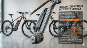 A cyclist enjoying a semi-rigid electric mountain bike (vélo de montagne électrique) on a trail in Quebec.