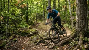 A high-performance hardtail eMTB under $2500 being ridden on a paved multi-use path in a lush urban park with the Toronto skyline, including the CN Tower, visible in the background.