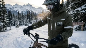 An ebike rider in thermal gear with a Safety First / La sécurité d'abord graphic for Canadian winter trails.