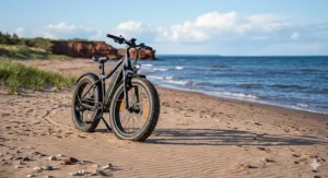 An electric fat bike with mudguards tackling wet, slushy spring trails in Ontario.