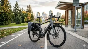 A versatile gravel ebike equipped with racks and panniers for a hybrid commute in a Canadian city like Montreal or Toronto.