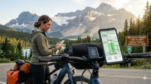 Infographic showing ebike battery performance and range for long-distance touring in Canadian climate conditions.