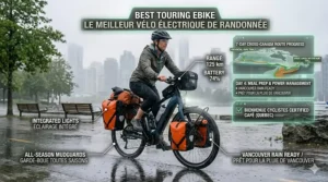 Illustration of a touring ebike with high-quality mudguards and integrated lights navigating a misty Vancouver morning.
