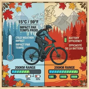 A comparison infographic displaying how cold Canadian spring or autumn temperatures affect touring ebike battery efficiency and impact the 200km range capability.