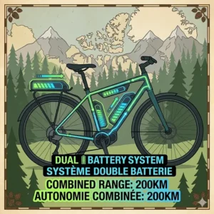 A technical vector illustration showing a dual-battery setup on a touring ebike frame, explaining how combining packs enables a 200km total battery range.