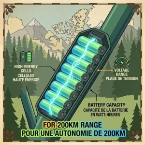 A technical graphic illustrating the relationship between battery capacity (measured in Watt-hours or Wh) and the energy required to maintain a 200km touring ebike battery range in Canada.