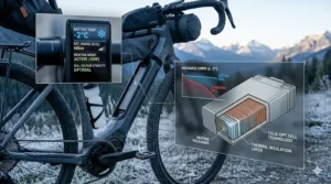 Technical illustration of gravel ebike battery efficiency for remote areas in Canadian winter conditions.