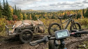 Infographic showing hunting ebike battery range optimized for the cold Canadian climate and long-distance crown land treks.