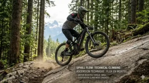 A dynamic, photorealistic illustration showing an enduro e-bike easily climbing a technical, root-filled ascent on a Canadian trail, with an overlay detailing motor assist modes.