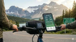 Close-up of a touring ebike digital display showing navigation and metrics in both English and French.