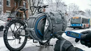 An e-bike handle-bar display showing motor settings in English and French, reflecting the bilingual Canadian market.