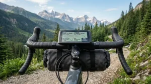 Close-up of a gravel ebike digital display featuring bilingual EN and FR navigation for Canadian remote areas.