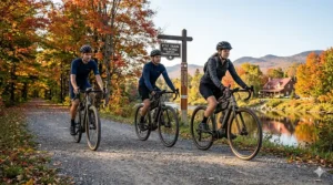 Cyclists on gravel ebikes touring the scenic P'tit Train du Nord section of the Trans Canada Trail in autumn.