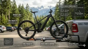 A practical illustration, combining photorealism with a clean technical layout, showing an enduro e-bike safely secured to a heavy-duty hitch rack on a truck, ready for transport in Canada.