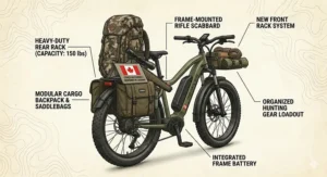 Diagram of a hunting ebike with cargo capacity showing a full loadout including a rifle scabbard, saddlebags, and front rack gear.