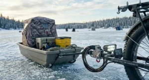 A detailed illustration of a fat tire ebike cockpit with a mounted GPS, navigating to a remote, snow-covered Canadian back lake.