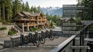 A photorealistic 4K detailed photograph set in a rugged Canadian garage, capturing a person using a specialized brush to clean mud and salt off the specific dark green Aurora cross-country ebike's drivetrain, with a bilingual (English/French) degreaser label and maintenance tools visible.