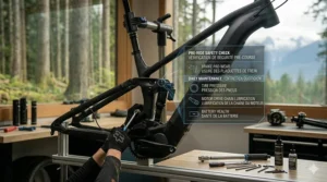 A comprehensive, bilingual English and French maintenance checklist illustration for an enduro e-bike, featuring a technician in a mountain workshop performing safety checks.