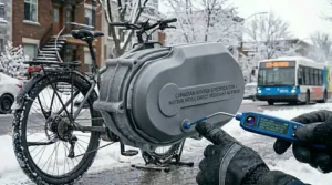 Infographic showing how specific motor types preserve battery range during harsh Canadian winters.