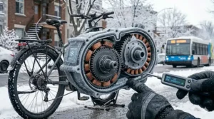 Technical diagram of an e-bike motor with thermal protection, essential for maintaining performance in sub-zero Canadian temperatures.