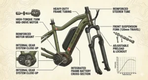 Cross-section diagram of a high-torque mid-drive motor on a hunting ebike with cargo capacity featuring bilingual labels for the Canadian market.
