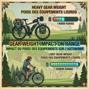 An illustrative diagram with a weight scale, showing how the weight of touring gear and panniers affects the overall efficiency and the 200km battery range of an electric bike.