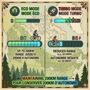 A comparative chart illustrating the dramatic difference in battery consumption between Eco and Turbo assist modes, showing how to maximize touring ebike range toward 200km.