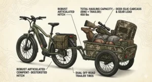 Technical illustration of a hunting ebike with cargo capacity featuring an attached off-road trailer hauling hunting gear through the snow.