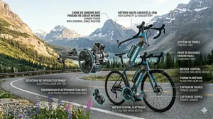 High-detail exploded view of the drivetrain and internal cable routing of a premium carbon fiber electric road bike.