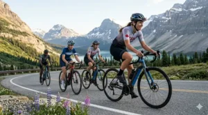 Cyclists demonstrating the climbing efficiency of electric road bikes on a steep mountain grade in the Canadian Rockies.