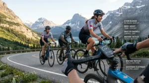 A diverse group of cyclists on a social ride using electric road bikes along a scenic Canadian highway with mountains in the background.