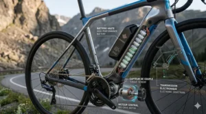 Detailed photorealistic technical cutaway of an electric road bike showing the internal lithium-ion battery cells, mid-drive motor, and torque sensor components.
