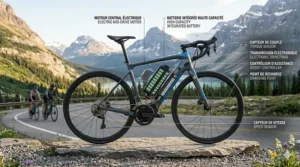 A side-view diagram of a carbon fiber electric road bike with technical callouts for the mid-drive motor, integrated battery, and electronic drivetrain.