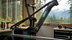 A detailed, photorealistic cutaway illustration with bilingual data showing the internal structure and integrated cold-weather optimization of an enduro e-bike battery, featuring a subtle Canadian maple leaf and snowflake motif.