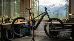 A photorealistic technical illustration with clean, bilingual English and French data overlays showing the progressive suspension geometry and anti-squat parameters of an enduro e-bike for bike parks.