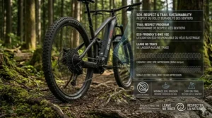 A conceptual, photo-style illustration contrasting minimal impact tread patterns with bilingual text, promoting responsible and sustainable use of an enduro e-bike on Canadian public trails.