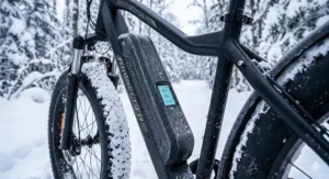 A vibrant autumn scene in Nova Scotia with a fat tire e-bike parked on a leaf-covered path.