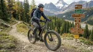 Vector art of a fat tire ebike loaded with camping gear parked next to a lake in Algonquin Park, Ontario.