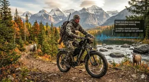 Illustration of wide fat tires on the best hunting ebike navigating muddy marshlands in Manitoba.